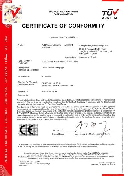 CHINA SHANGHAI ROYAL TECHNOLOGY INC. certificaten